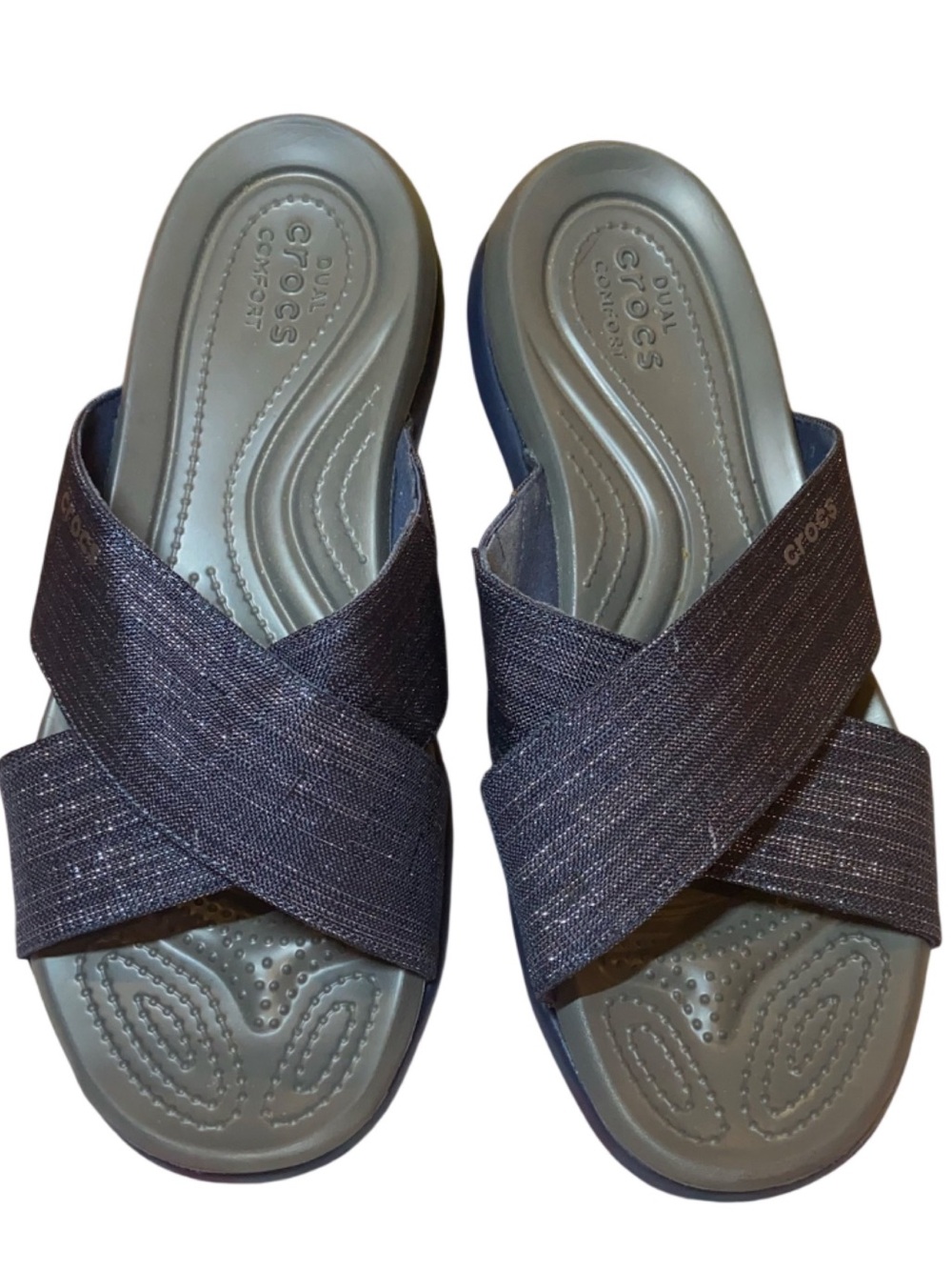 CROCS Metallic Navy Crossband Slide Sandals women’s size 9